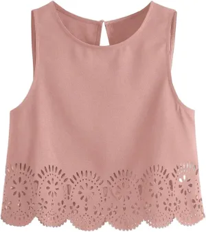 SOLY HUX Women's Summer Tank Tops Hollow Out Scallop Trim Sleeveless Vest Crop Top
