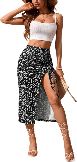 SOLY HUX Women's Summer Two Piece Outfits Cami Tops and Floral Print Drawstring Split Skirt Set