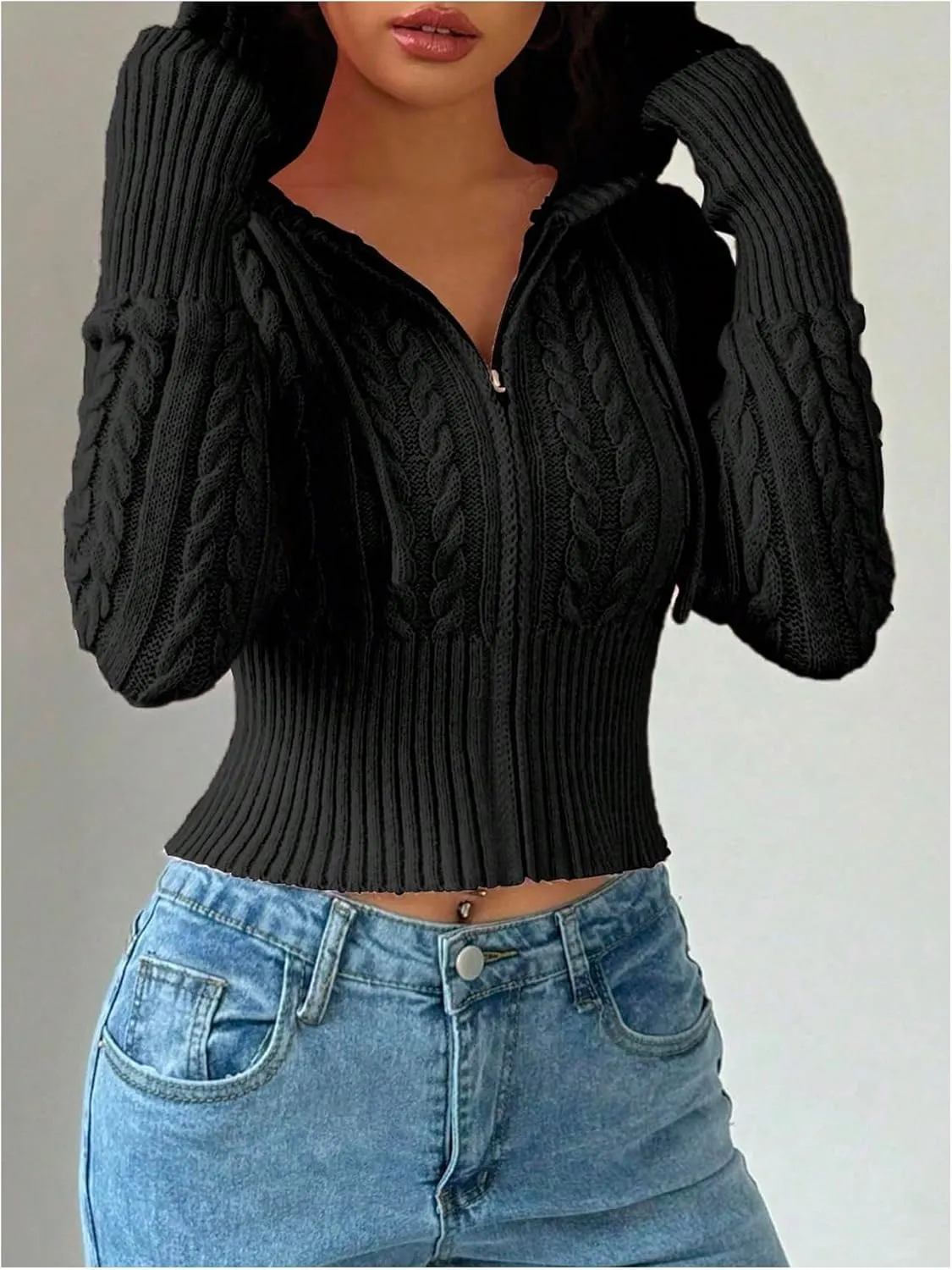 SOLY HUX Women's Zip Up Hooded Crop Cardigan Cable Knit Hoodies Long Sleeve Y2k Sweater Jacket