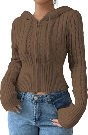 SOLY HUX Women's Zip Up Hooded Crop Cardigan Cable Knit Hoodies Long Sleeve Y2k Sweater Jacket