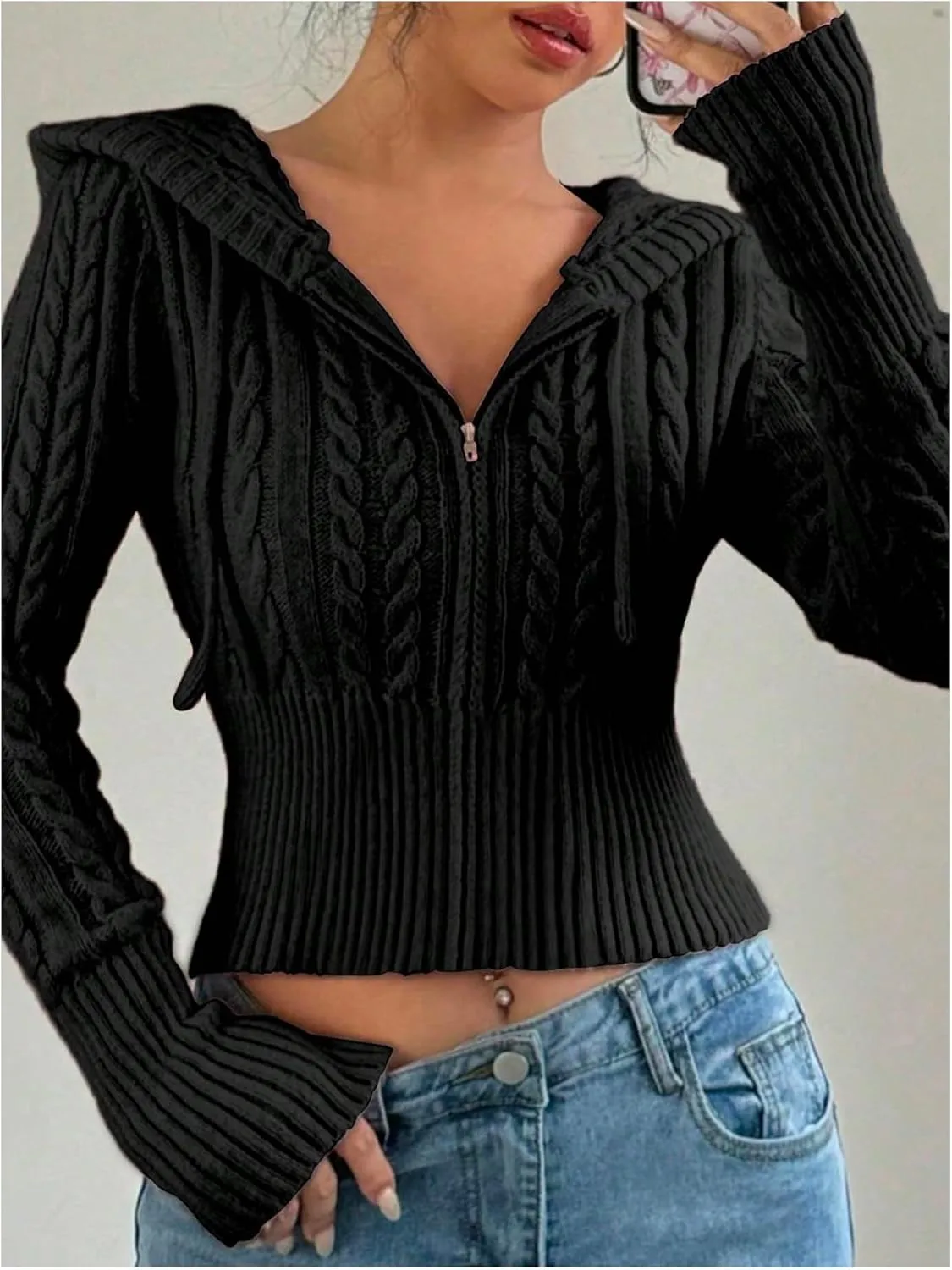 SOLY HUX Women's Zip Up Hooded Crop Cardigan Cable Knit Hoodies Long Sleeve Y2k Sweater Jacket
