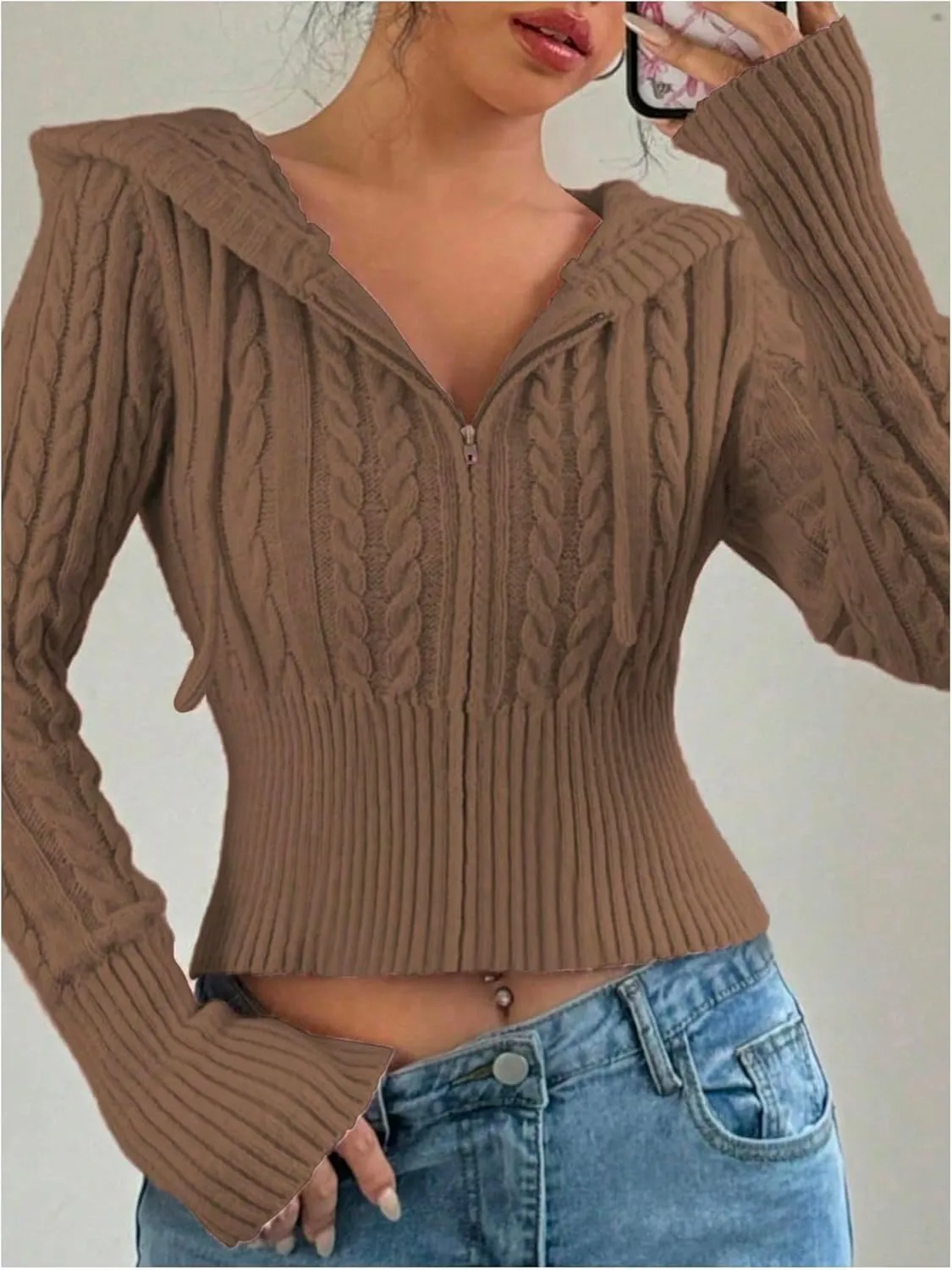 SOLY HUX Women's Zip Up Hooded Crop Cardigan Cable Knit Hoodies Long Sleeve Y2k Sweater Jacket