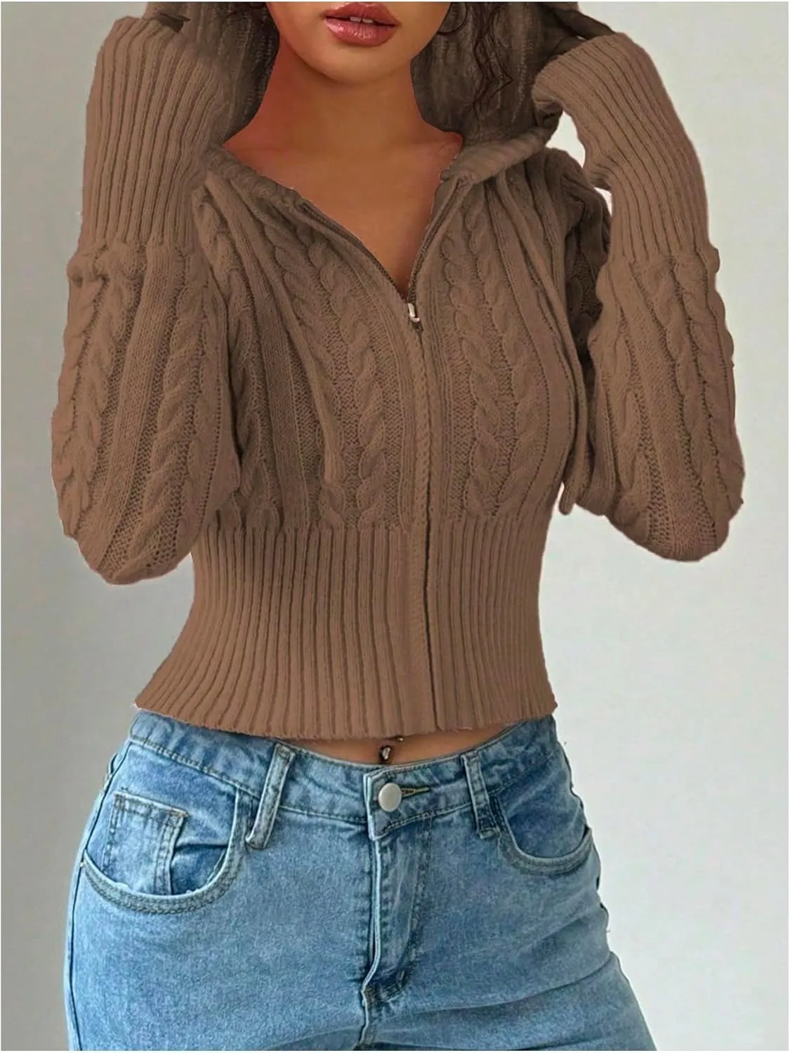 SOLY HUX Women's Zip Up Hooded Crop Cardigan Cable Knit Hoodies Long Sleeve Y2k Sweater Jacket