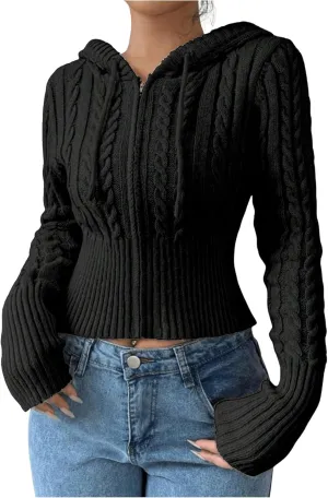 SOLY HUX Women's Zip Up Hooded Crop Cardigan Cable Knit Hoodies Long Sleeve Y2k Sweater Jacket