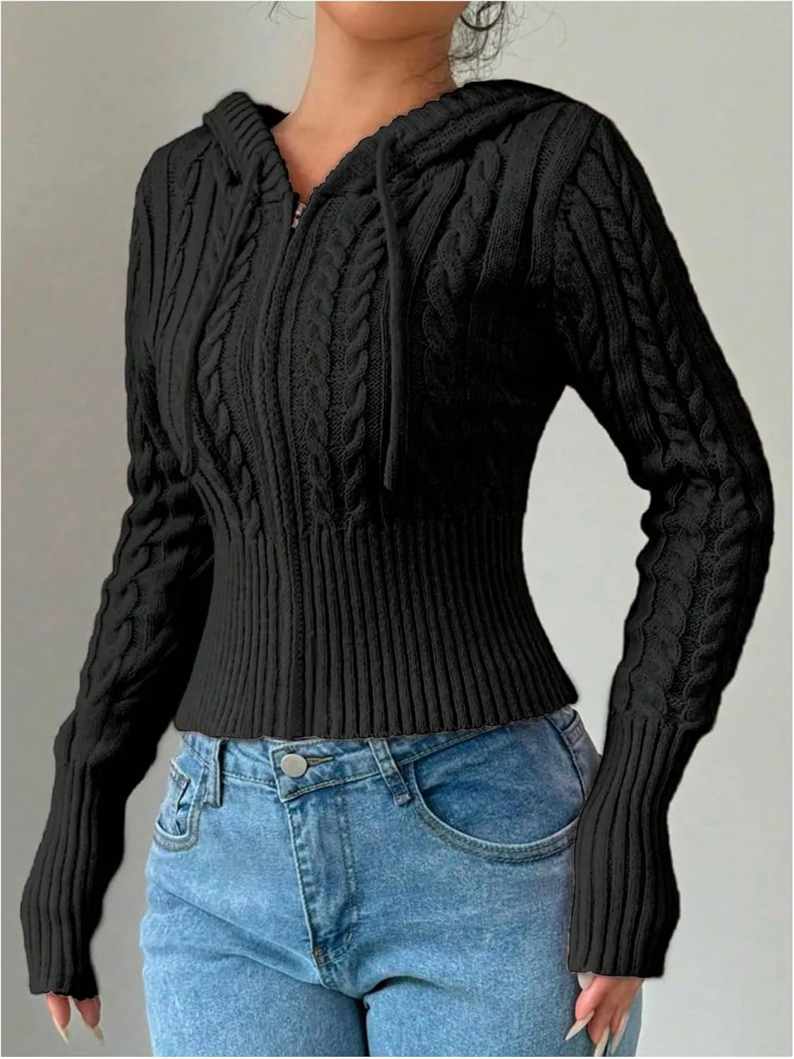 SOLY HUX Women's Zip Up Hooded Crop Cardigan Cable Knit Hoodies Long Sleeve Y2k Sweater Jacket
