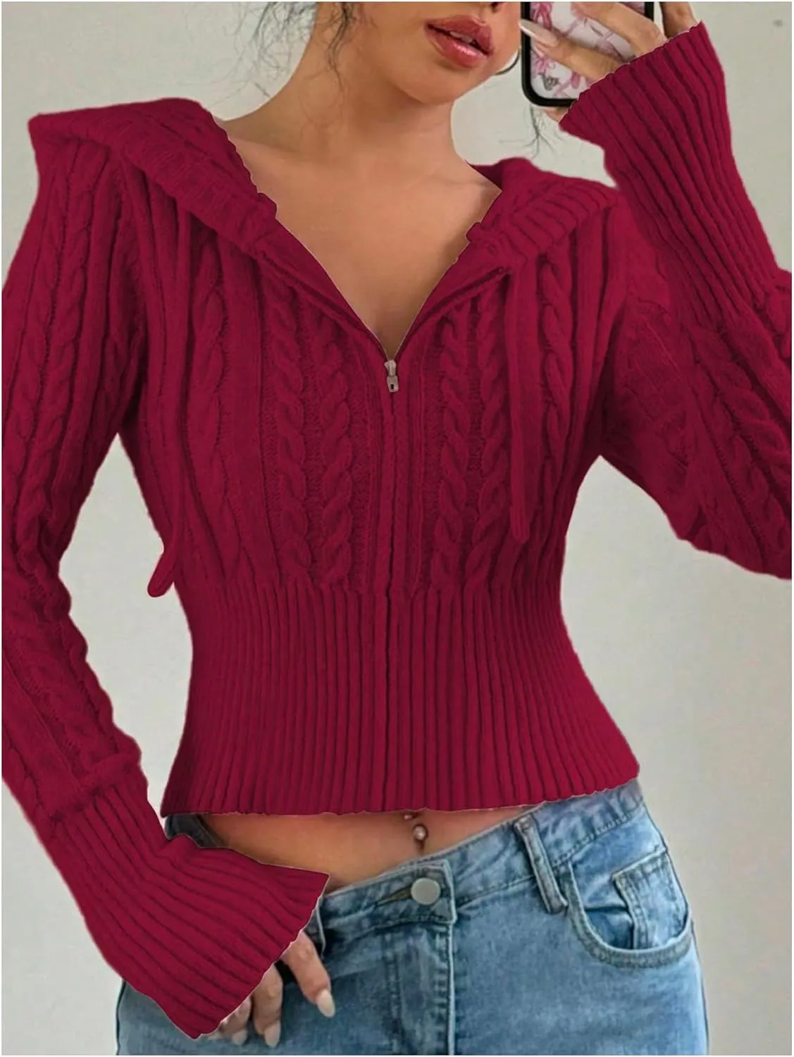 SOLY HUX Women's Zip Up Hooded Crop Cardigan Cable Knit Hoodies Long Sleeve Y2k Sweater Jacket