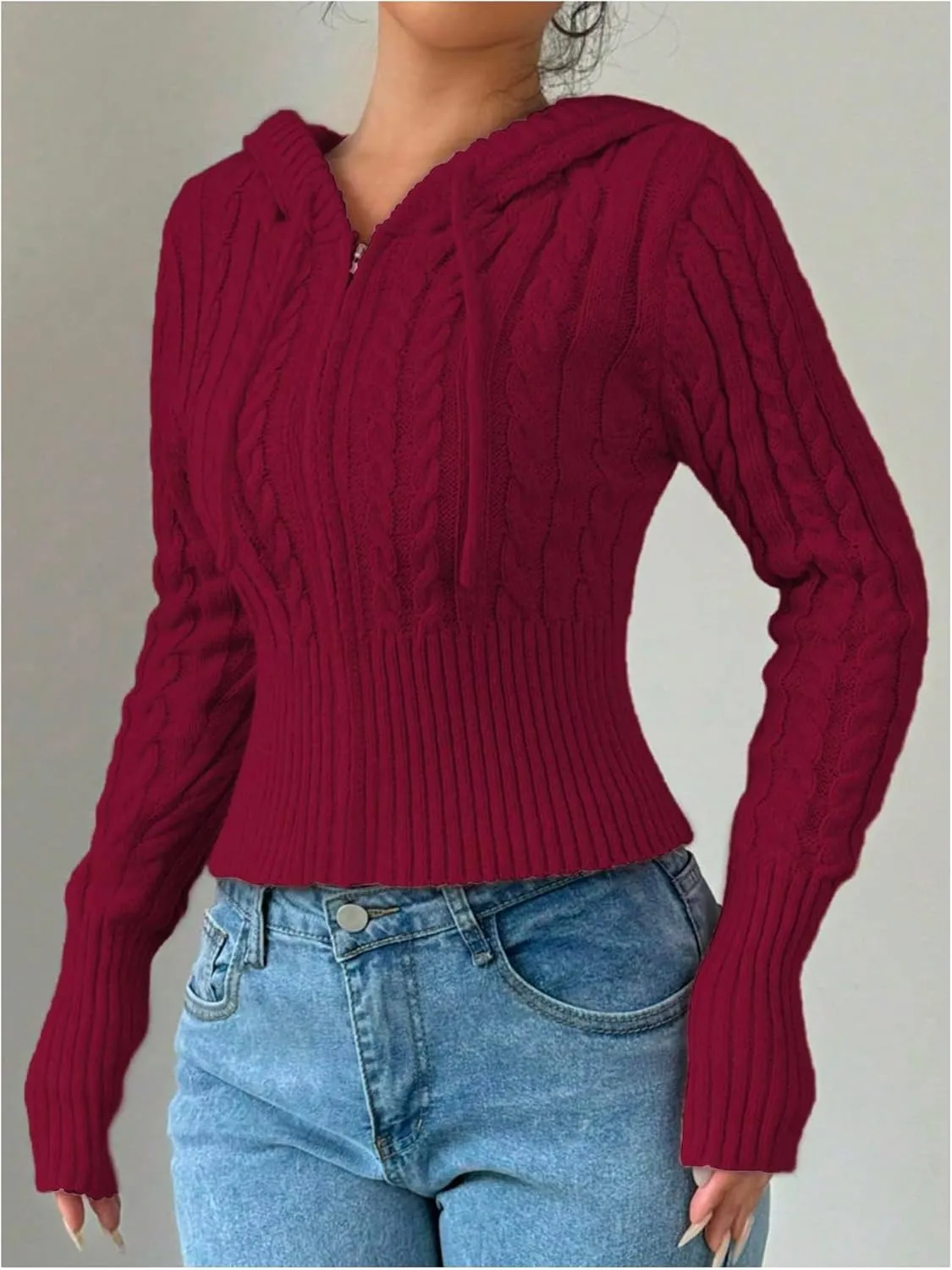 SOLY HUX Women's Zip Up Hooded Crop Cardigan Cable Knit Hoodies Long Sleeve Y2k Sweater Jacket