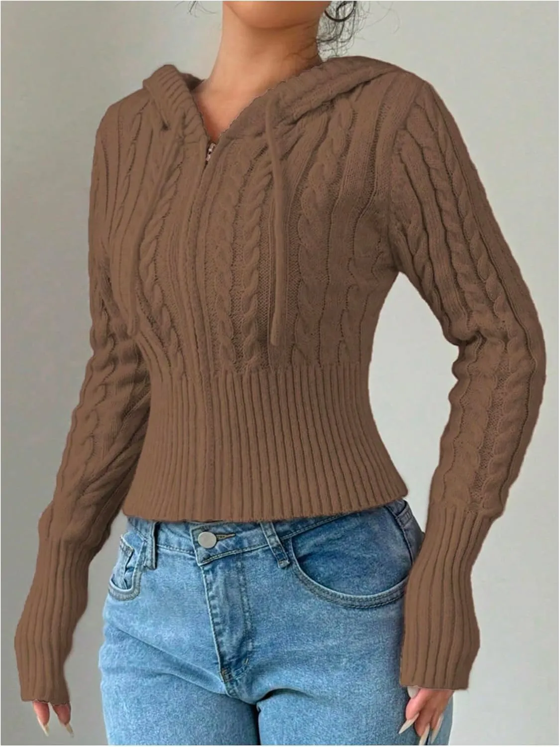 SOLY HUX Women's Zip Up Hooded Crop Cardigan Cable Knit Hoodies Long Sleeve Y2k Sweater Jacket