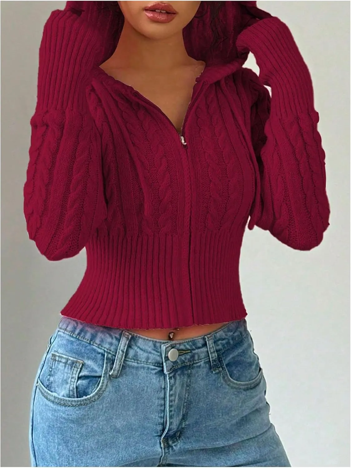 SOLY HUX Women's Zip Up Hooded Crop Cardigan Cable Knit Hoodies Long Sleeve Y2k Sweater Jacket