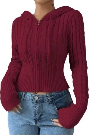 SOLY HUX Women's Zip Up Hooded Crop Cardigan Cable Knit Hoodies Long Sleeve Y2k Sweater Jacket