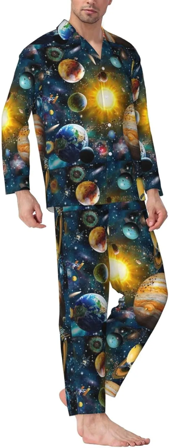 Space Planet Mens Pajama Sets 2 Piece Loungewear Button Down Sleepwear Pjs Set