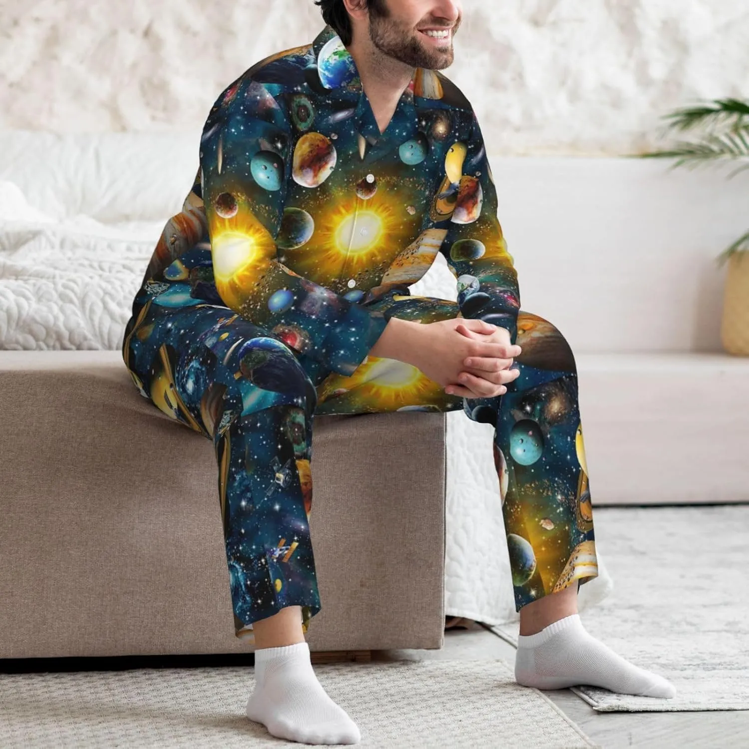 Space Planet Mens Pajama Sets 2 Piece Loungewear Button Down Sleepwear Pjs Set