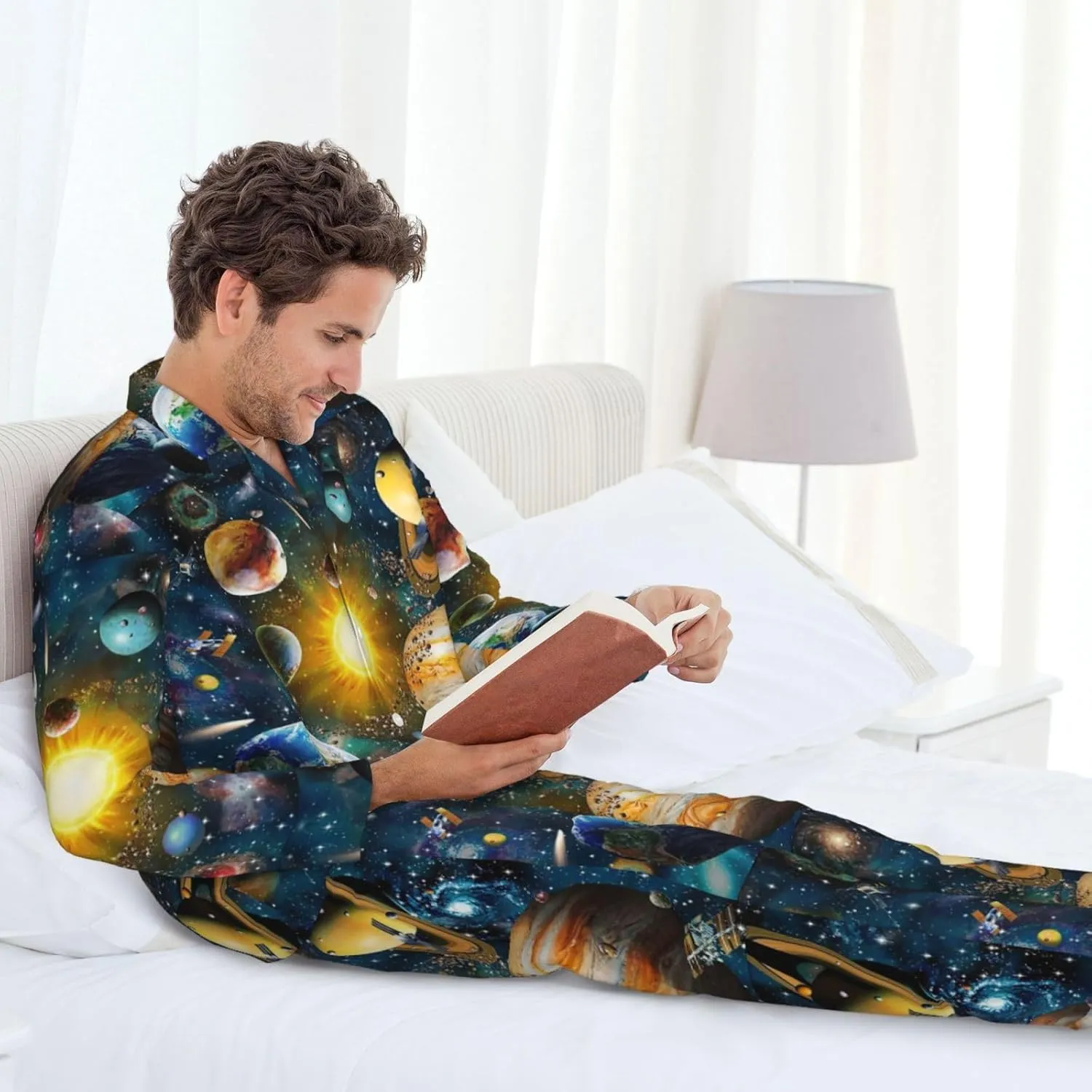 Space Planet Mens Pajama Sets 2 Piece Loungewear Button Down Sleepwear Pjs Set