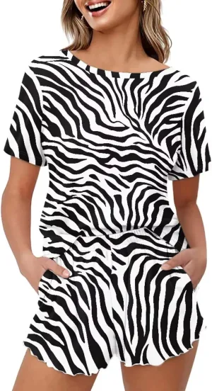 Sprowallow Pajama Sets 2 Pieces Short Sleepwear for Women Round Neck Casual PJ Sets
