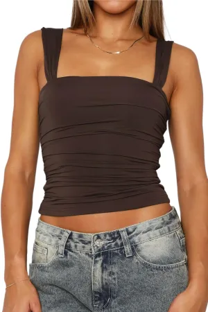 Square Neck Tank Top Woman - Double Lined Going Out Tops Summer Ruched Backless Crop Strappy Cute