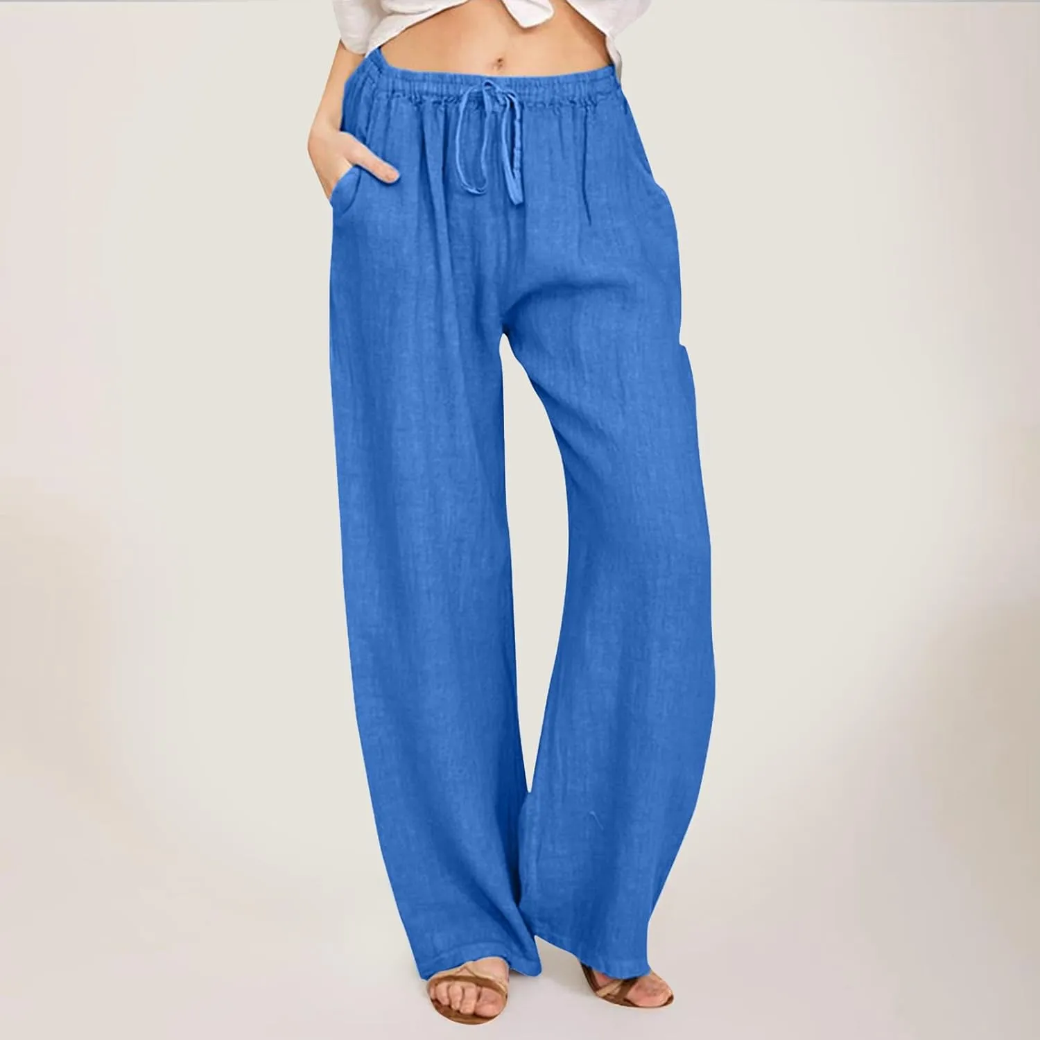 Summer Casual Pants For Women 2024 Trendy High Waist Pants Wide Leg Linen Palazzo Pants Lightweight Flowy Trouser