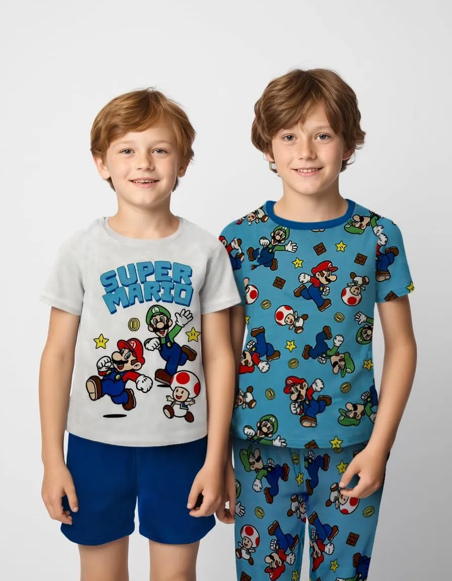 Super Mario 4 Piece Pajama Set - Boys PJs with Short Sleeve Shirt, Shorts & Pants - Kids Sleepwear Set - Official License