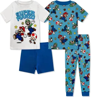 Super Mario 4 Piece Pajama Set - Boys PJs with Short Sleeve Shirt, Shorts & Pants - Kids Sleepwear Set - Official License