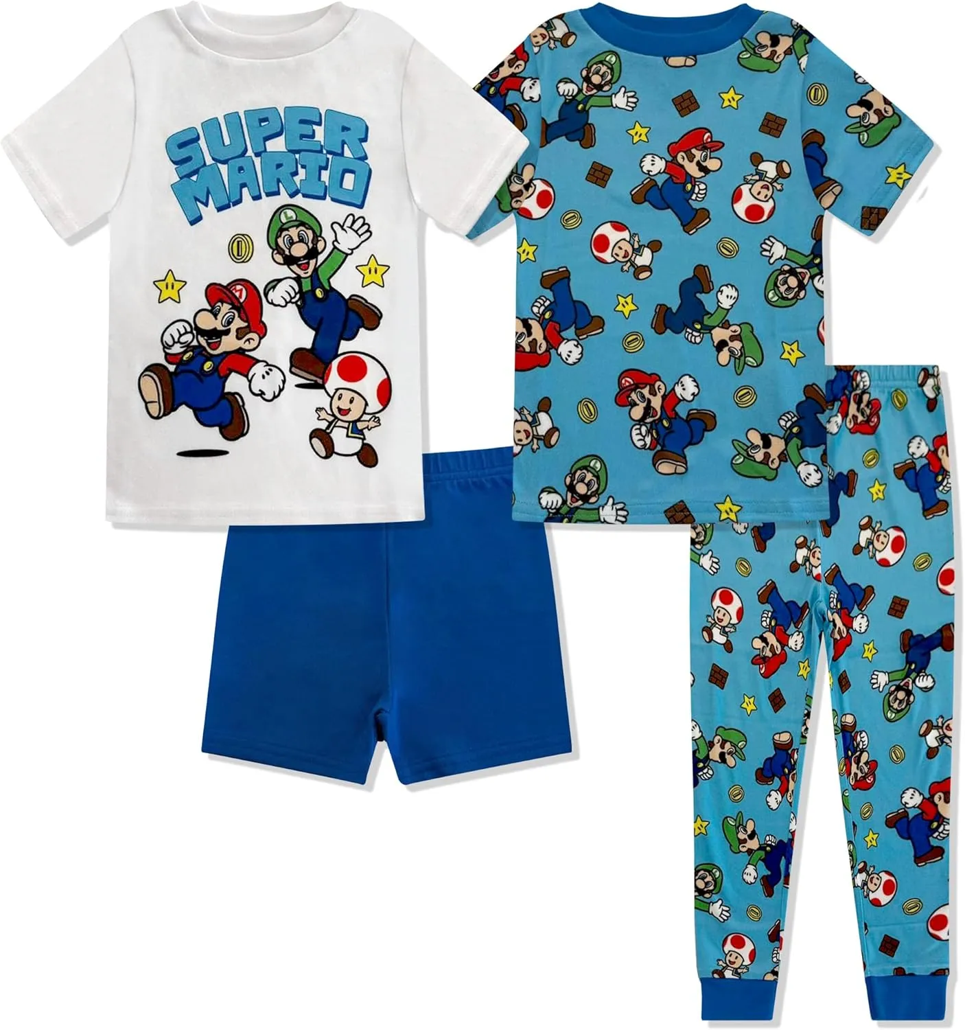 Super Mario 4 Piece Pajama Set - Boys PJs with Short Sleeve Shirt, Shorts & Pants - Kids Sleepwear Set - Official License