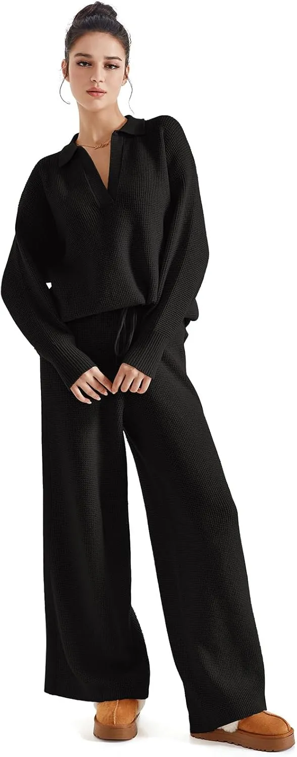 SUUKSESS Women 2 piece Fall outfits Matching Lounge Set Waffle Knit Sweater sets