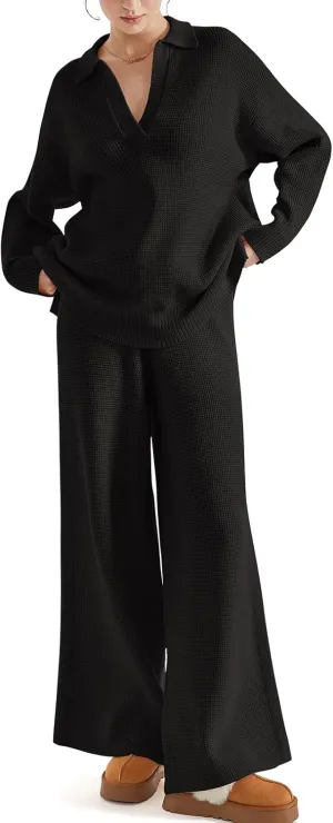 SUUKSESS Women 2 piece Fall outfits Matching Lounge Set Waffle Knit Sweater sets