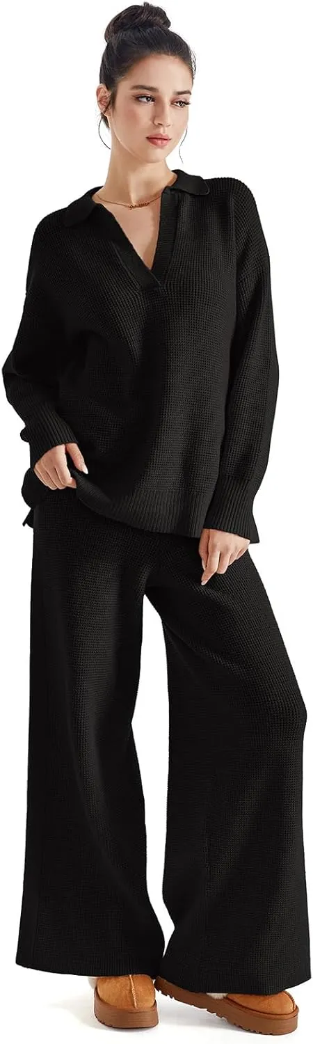 SUUKSESS Women 2 piece Fall outfits Matching Lounge Set Waffle Knit Sweater sets