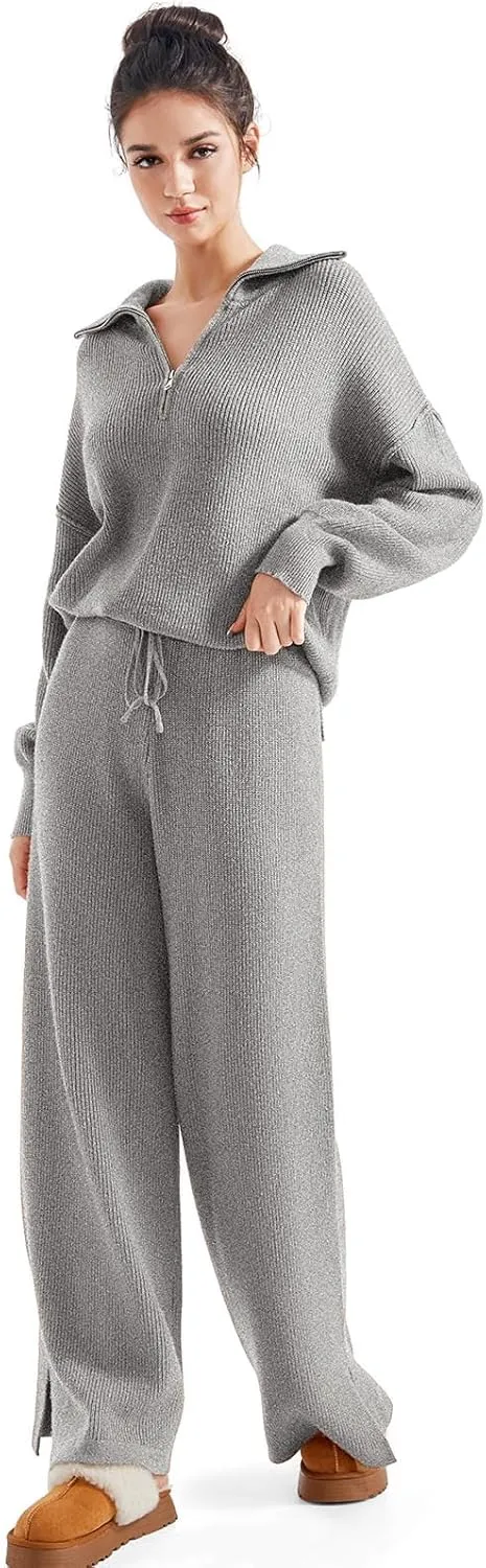 SUUKSESS Women 2 Piece Lounge Sets Oversized Quarter Zip Pullover Wide Leg Pants