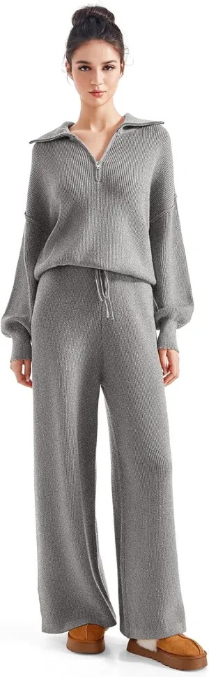 SUUKSESS Women 2 Piece Lounge Sets Oversized Quarter Zip Pullover Wide Leg Pants