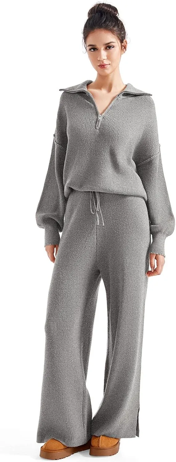 SUUKSESS Women 2 Piece Lounge Sets Oversized Quarter Zip Pullover Wide Leg Pants