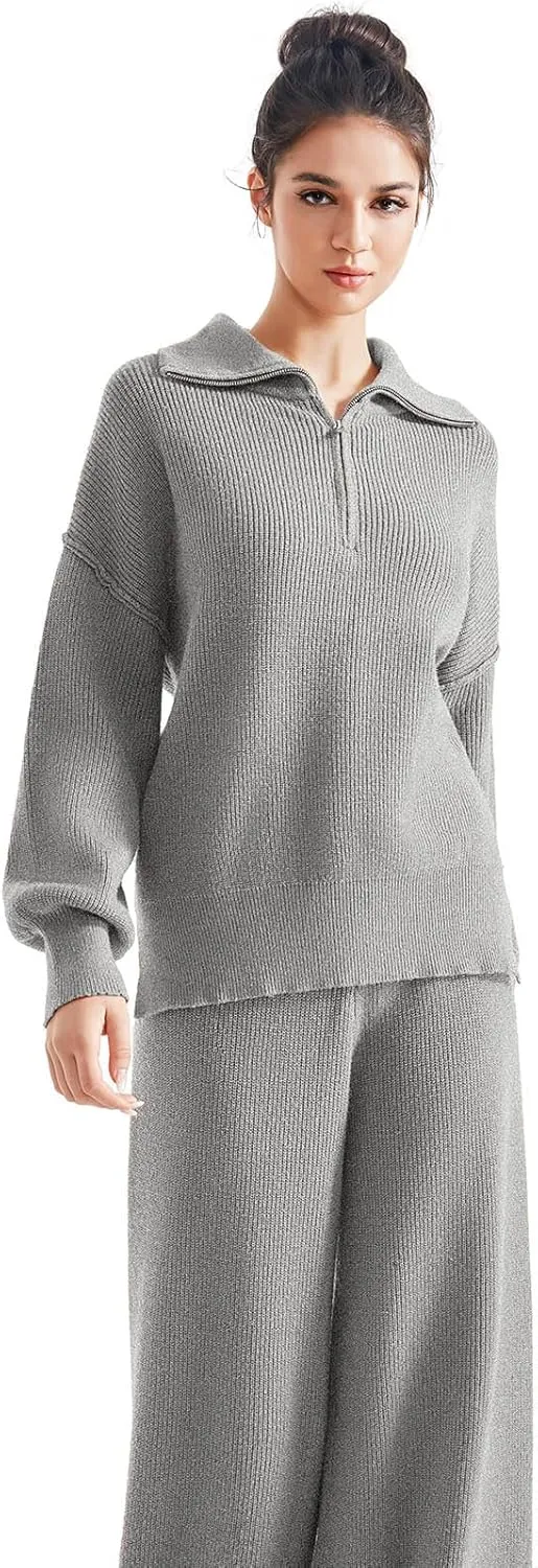 SUUKSESS Women 2 Piece Lounge Sets Oversized Quarter Zip Pullover Wide Leg Pants