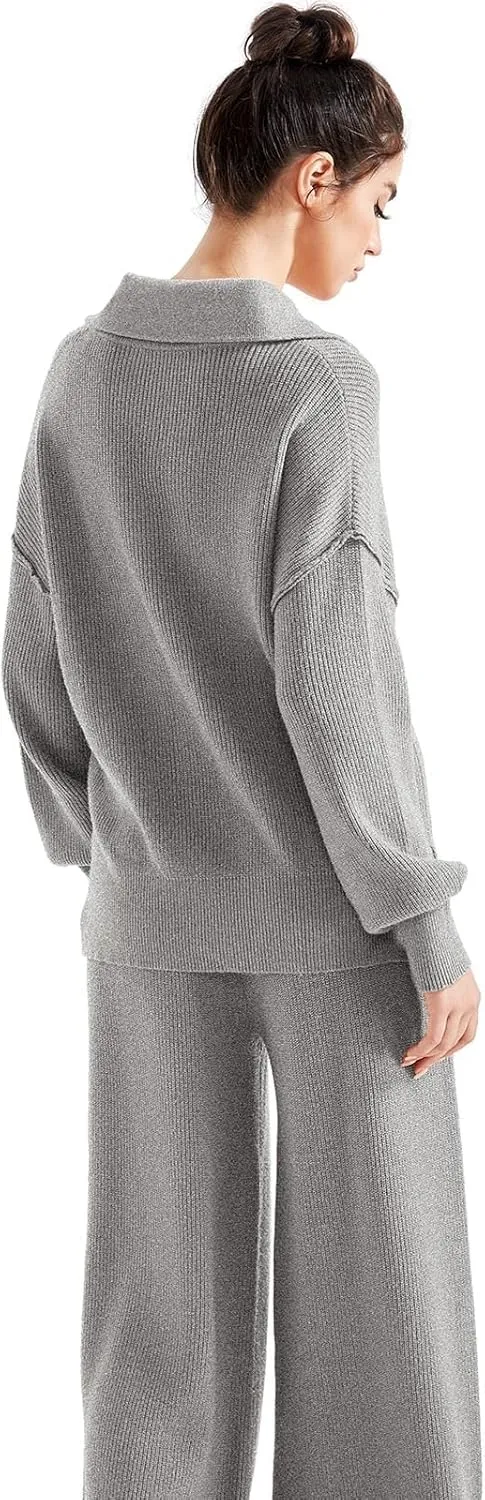 SUUKSESS Women 2 Piece Lounge Sets Oversized Quarter Zip Pullover Wide Leg Pants