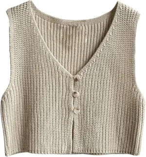 SweatyRocks Women's Button Front Sweater Vest Split V Neck Sleeveless Crop Knit Tops