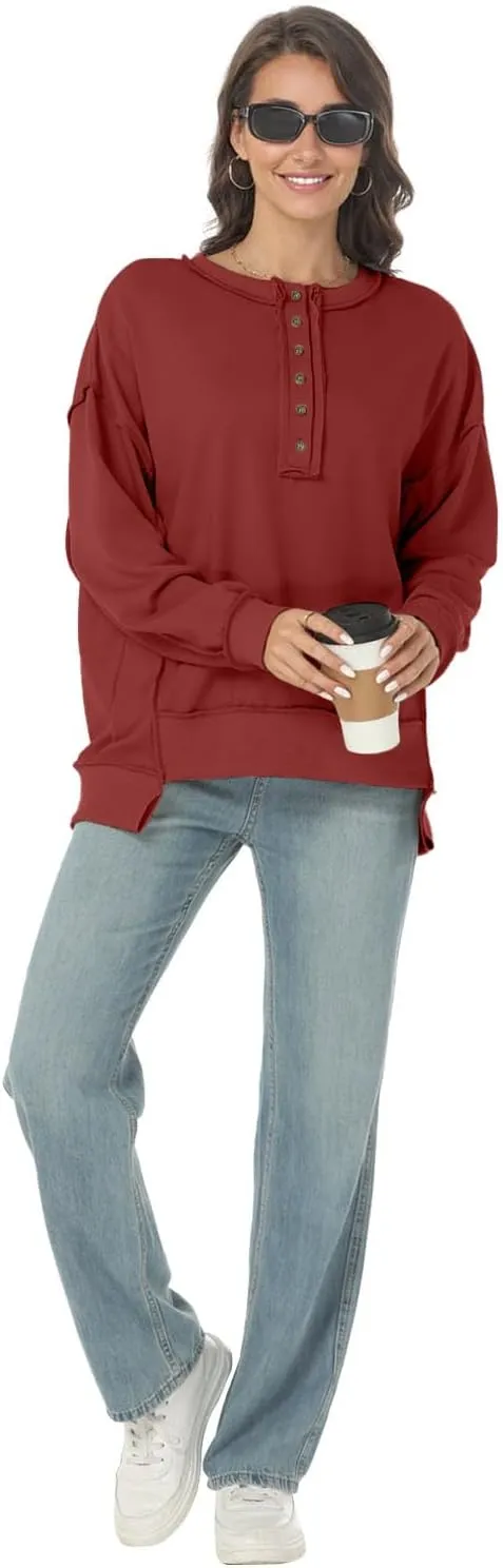 Tanou Women's 2024 Oversized Sweatshirts Long Sleeve Button Up Hoodies Henley V Neck Casual Pullover Hooded Tunic