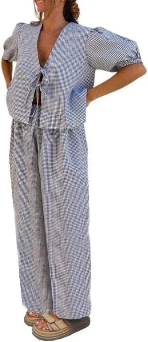 Thopavenoir Women 2 Piece Christmas Pajamas Set Cute Bow Tie Long Sleeve Button Down Shirt High Waist Wide Leg Pants Pj Set