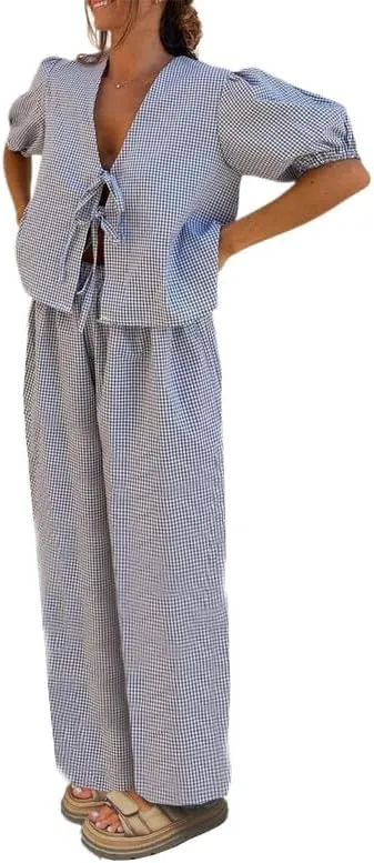 Thopavenoir Women 2 Piece Christmas Pajamas Set Cute Bow Tie Long Sleeve Button Down Shirt High Waist Wide Leg Pants Pj Set
