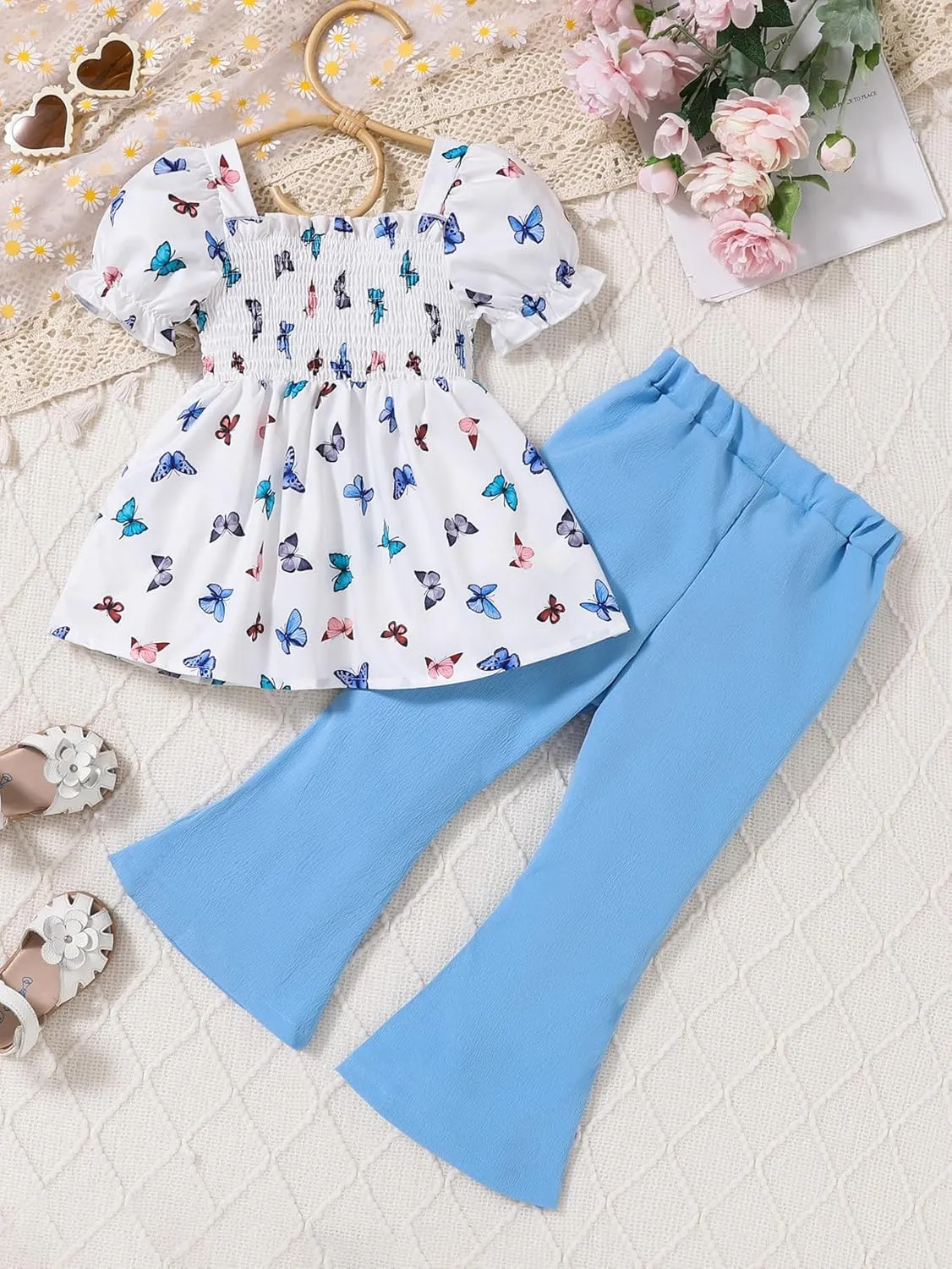 Toddler Girls Clothes Kids Short Sleeve Shirt Top Flare Pants 2 Piece Summer Spring Outfits For Girls Clothing Set