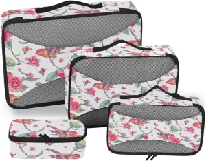 Travel Bags Organizer for Luggage 4 Set Luggage Cubes Traveling Packing Cubes Packing Cunes Watercolor Birds Flowers