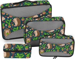 Travel Cubes 4 Set Luggage Packing Cubes Suitcase Organizers Pcking Cubes Cute Hedgehogs Cactus