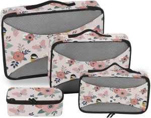 Travel Cubes 4 Set Suitcase Organizer Packing Cubes Travel Packing Cubea Cute Spring Birds Flowers