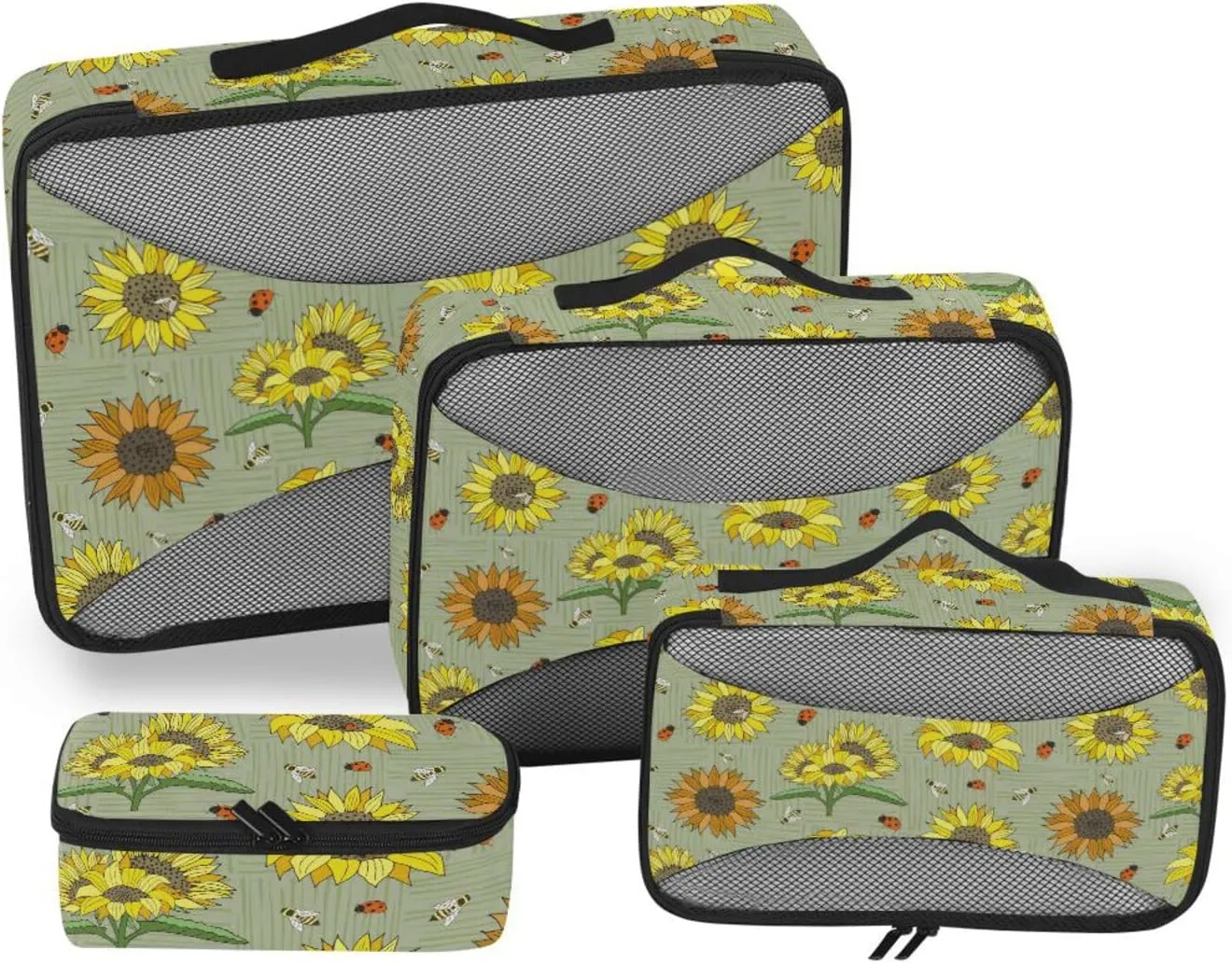 Travel Cubes Set of 4 Luggage Organizer Bags Packing Cubes for Luggage Pcking Cubes Sage Green Sunflowers Bees