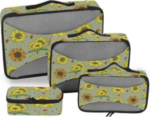 Travel Cubes Set of 4 Luggage Organizer Bags Packing Cubes for Luggage Pcking Cubes Sage Green Sunflowers Bees