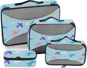 Travel Packing Cubes Set of 4 Suitcase Organizer Bags Travel Cubes for Packing Women Packing Cuves Colorful Airplanes