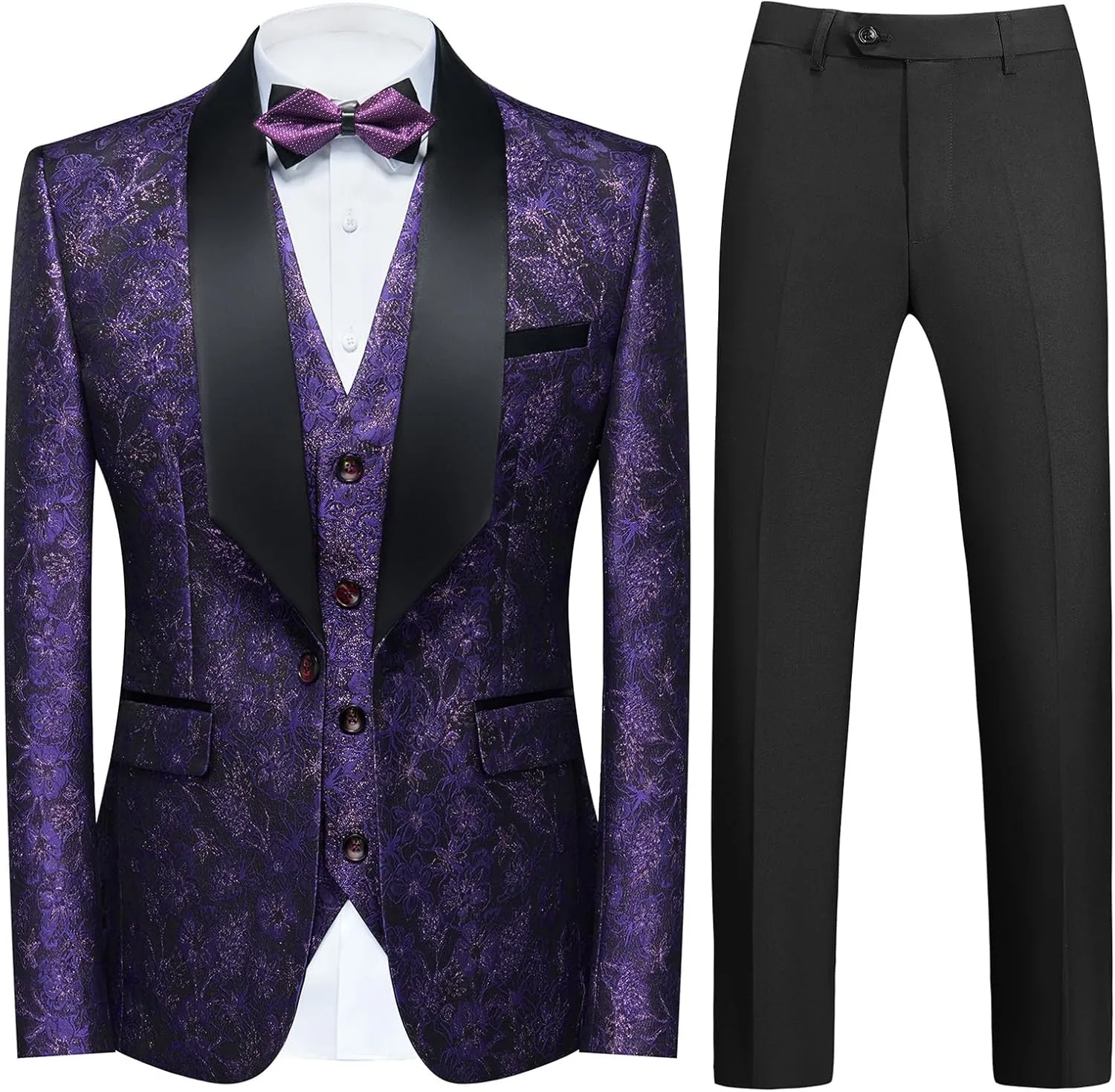 Tuxedo Suits for Men 3 Piece Regular Fit Men's Suit Set Floral Pattern Blazer Jacket Waistcoat Pants