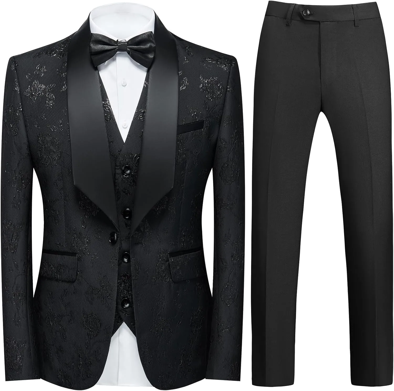 Tuxedo Suits for Men 3 Piece Regular Fit Men's Suit Set Floral Pattern Blazer Jacket Waistcoat Pants