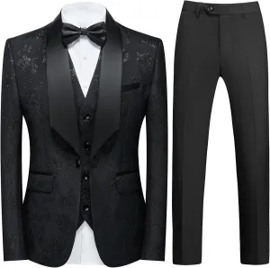 Tuxedo Suits for Men 3 Piece Regular Fit Men's Suit Set Floral Pattern Blazer Jacket Waistcoat Pants