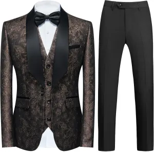 Tuxedo Suits for Men 3 Piece Regular Fit Men's Suit Set Floral Pattern Blazer Jacket Waistcoat Pants