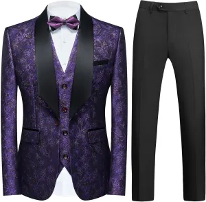 Tuxedo Suits for Men 3 Piece Regular Fit Men's Suit Set Floral Pattern Blazer Jacket Waistcoat Pants