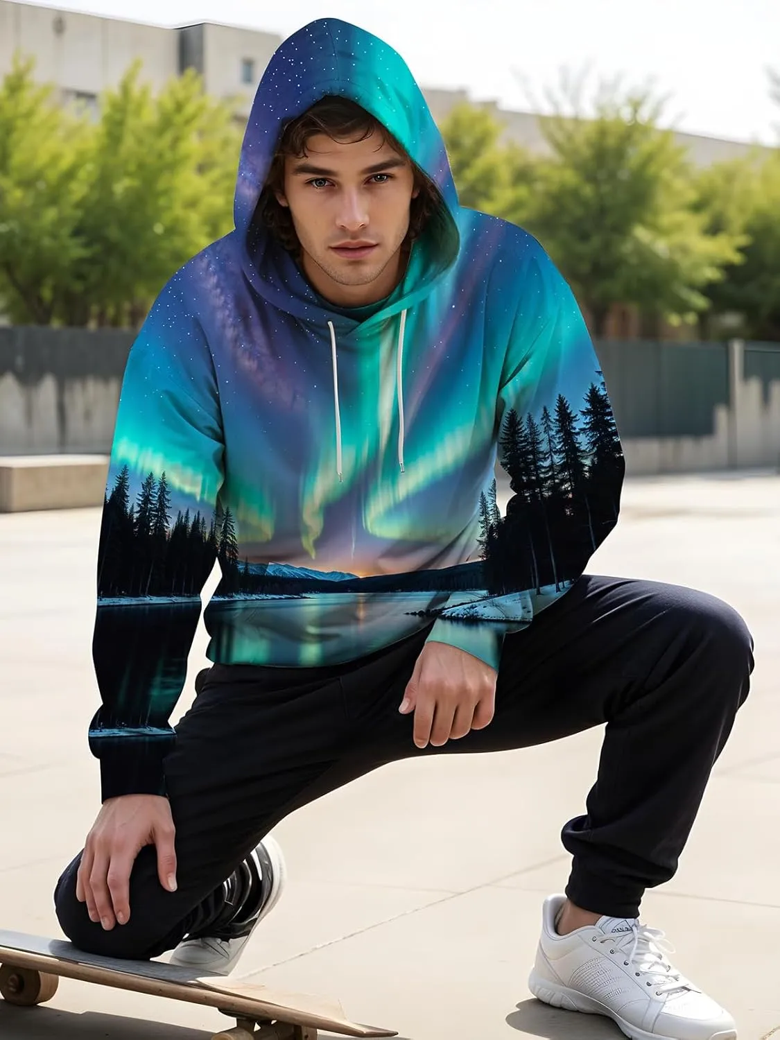 Unisex Graphic Hoodies, 3D Novelty Pullover Sweatshirt, Xmas Men Women Teen Boy Gifts, Black White Galaxy Print Flag