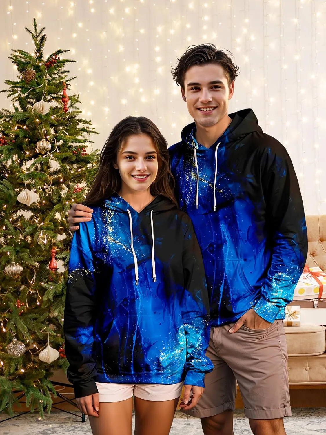 Unisex Graphic Hoodies, 3D Novelty Pullover Sweatshirt, Xmas Men Women Teen Boy Gifts, Black White Galaxy Print Flag