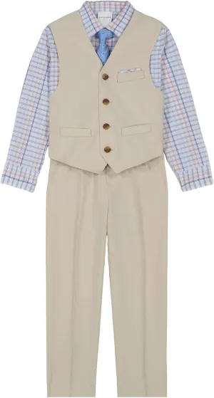 Van Heusen Boys' 4-Piece Formal Suit Set, Vest, Pants, Collared Dress Shirt, and Tie